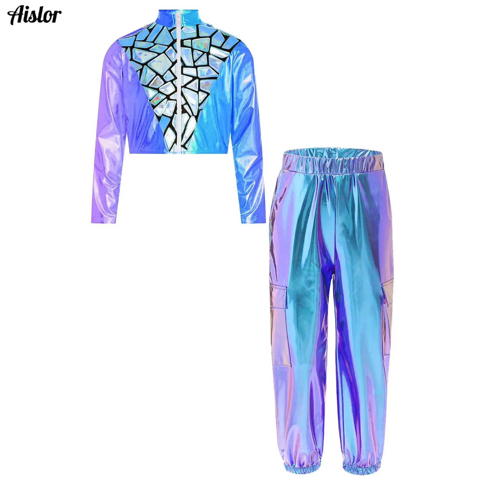 

Kids Boys Girls Hip-Hop Jazz Dance Outfit Stand Collar Long Sleeve Zipper Shiny Sequins Metallic Cropped Jacket+Cargo Pants 2Pcs