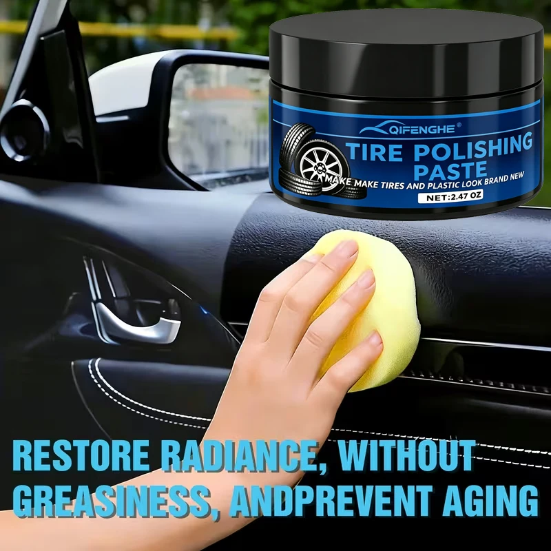 Pâte de polissage pour pneus et plastiques, restaure l'éclat et prévient le vieillissement sans laisser de traces gras.