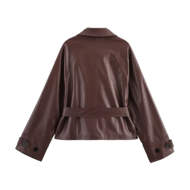 EAEOVNI 여성을위한 빈티지 PU 가죽 자켓 패션 브라운 옷깃 버튼 벨트 모여 허리 짧은 코트 streetwear 2025 가을 새로운