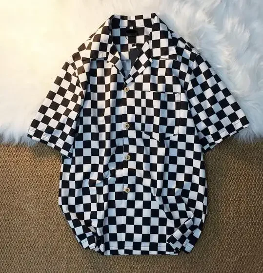 

Men Summer Blouse Chess Shirt Grid White Black Plaid Fashion Thin