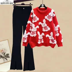 Winter Women's Set 2024 New Fashionable Aging Knitted Sweater High Waist flared Pants Two Piece Set Trendy