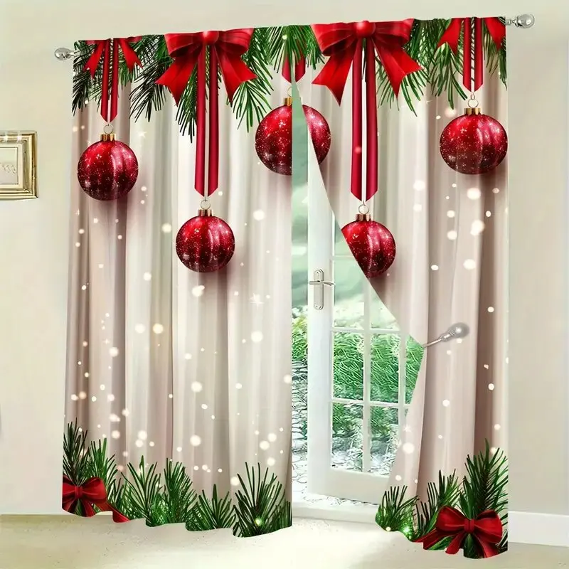 

2шт - Рождественский золотой шар и шторы с принтом в виде листьев Холли, шторы для сумок на шесте, украшение для дома, украшение комнаты