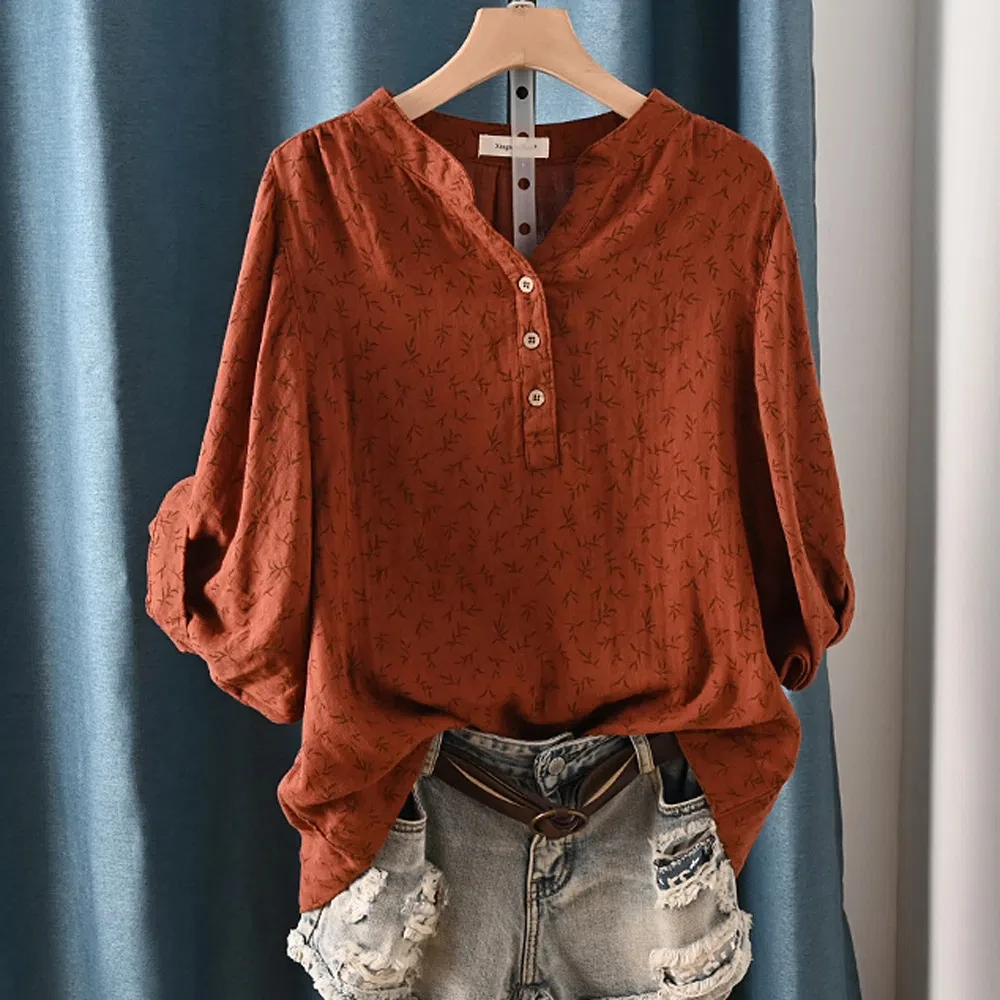 100% Cotton Yarn Casual Shirt Women Bat Sleeve Stand Collar Printed Top Girl Ladies Tops OL Loose Blouses Summer Clothes