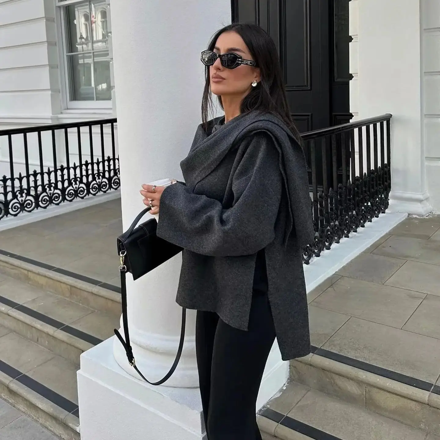 

Autumn Winter Women's Scarves Coats Long Sleeved Knitted Cropped Jackets Streetwear Women's Coats