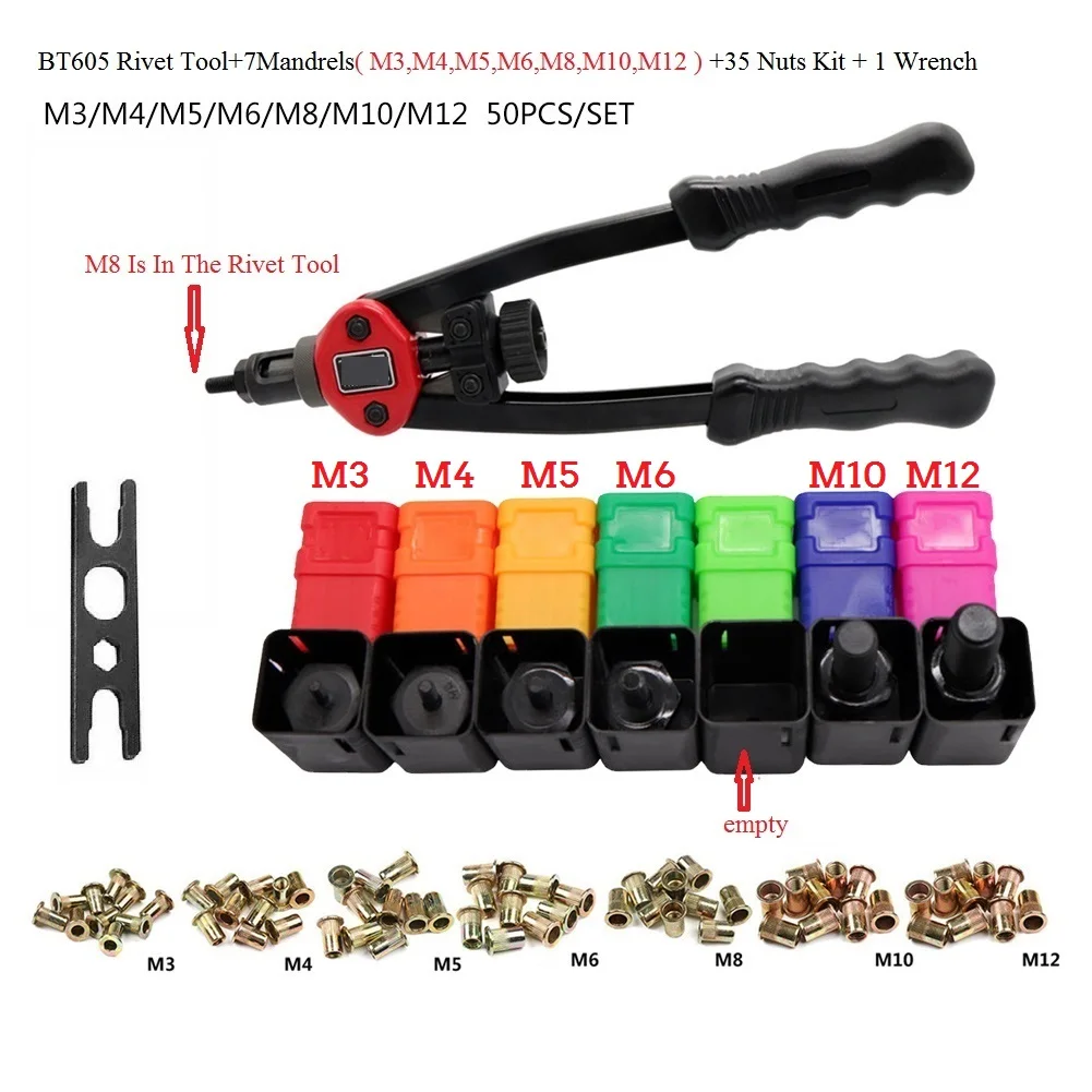 50pcs Rivet Écrou Ou Fileté À La Main Rivet Kg Pistolet BT606 M3 M-4 M5 M6 M8 Double Insert Manuel Rivcirculation Pistolet Rivetage Rivnut-Tool
