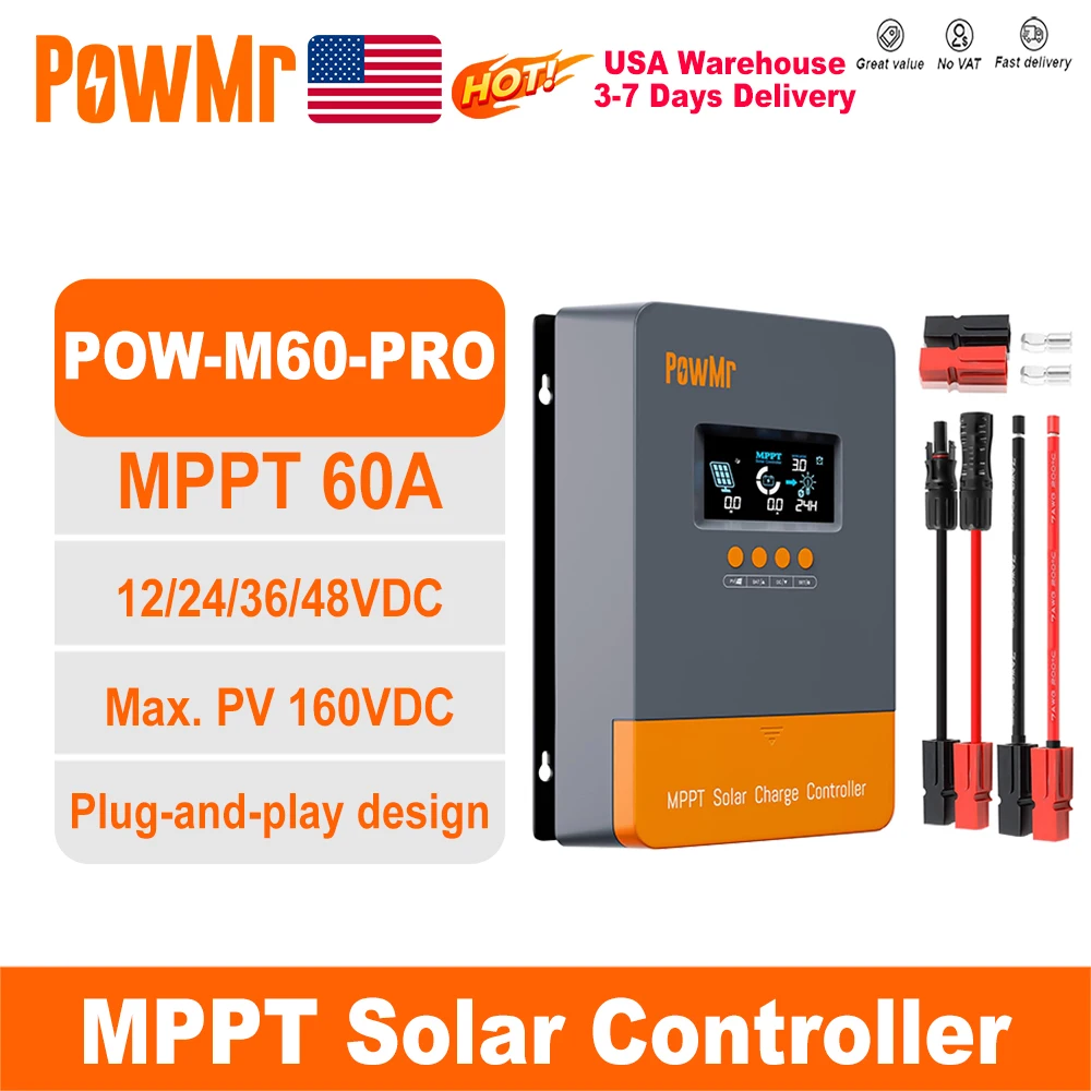 

PowMr MPPT 60A Solar Charge Controller for 12/24/36/48V Battery Max 160VDC PV Panel Input With Big Screen And New Wiring Ports