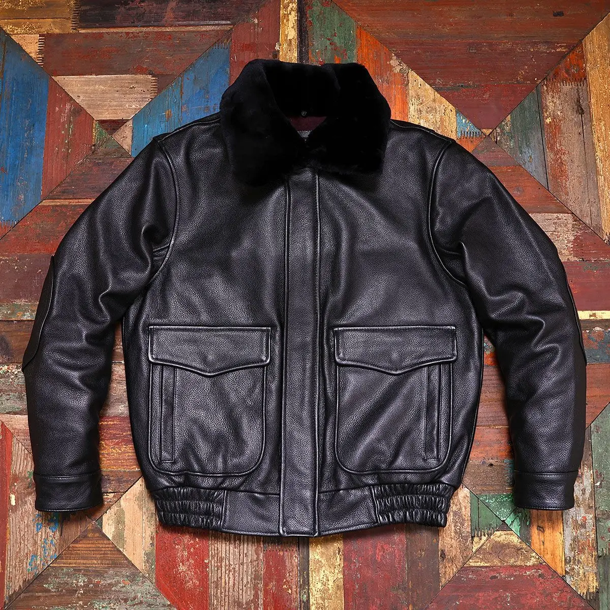 Black Winter A2 Pilot Leather Jacket Men Military Style Plus Size 5XL Genuine Natural Cowhide Wool Collar Flight Leather Coat