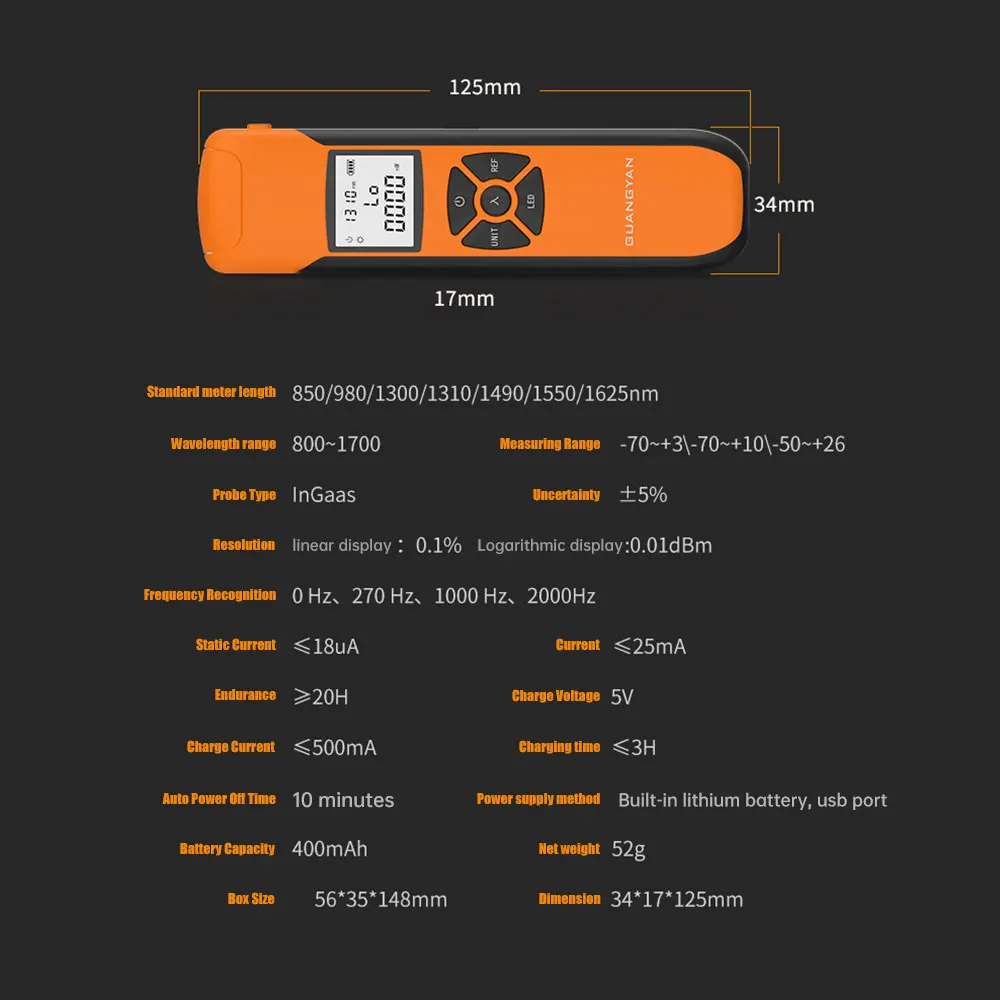 KaiTeng G10 Mini Optical Power Meter SM MM 850-1700nm SC FC Connector High-Performance InGaAs Fiber Tester Rechargeable FTTH