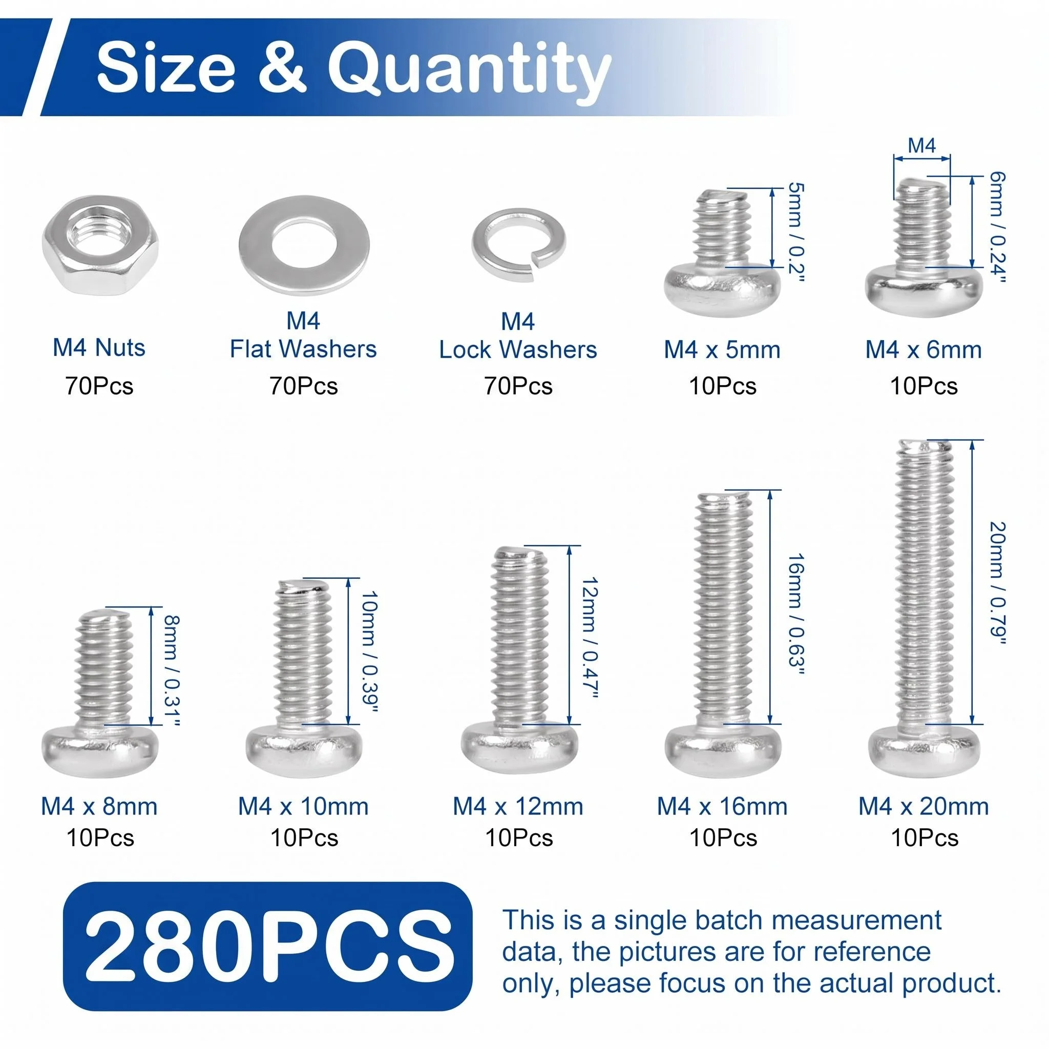 280Pcs M4 Phillips Pan Head Machine Screws Kit with Nuts And Washers Assorted Sizes 4-20mm Fully Threaded for DIY Projects