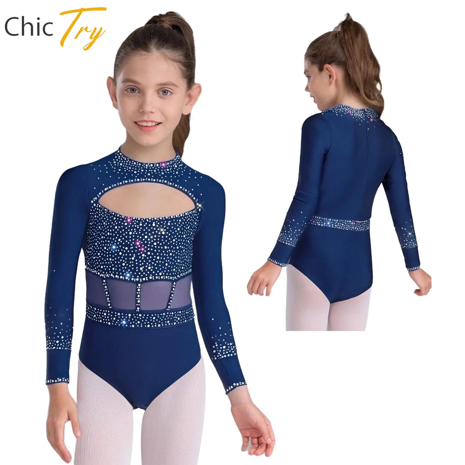 

Kids Girl Shiny Rhinestones Gymnastics Ballet Dance Leotard Long Sleeve Zipper Cutout Front Bodysuit Stage Performance Dancewear