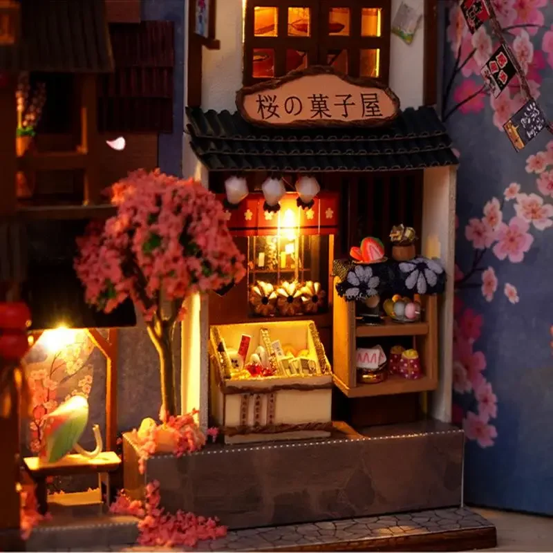 DIY Creative Book Nook Kit Decorative Japanese Style Bookend Insert Bookcase Book Stand Miniature House with LED Light Gift