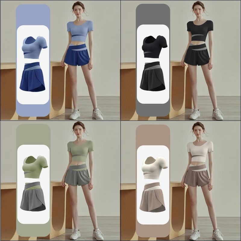 

Женские дышащие быстросохнущие спортивные шорты для бега и фитнеса с цветными блоками, устойчивые к воздействия искусственные двухсекционные спортивные шорты для йоги