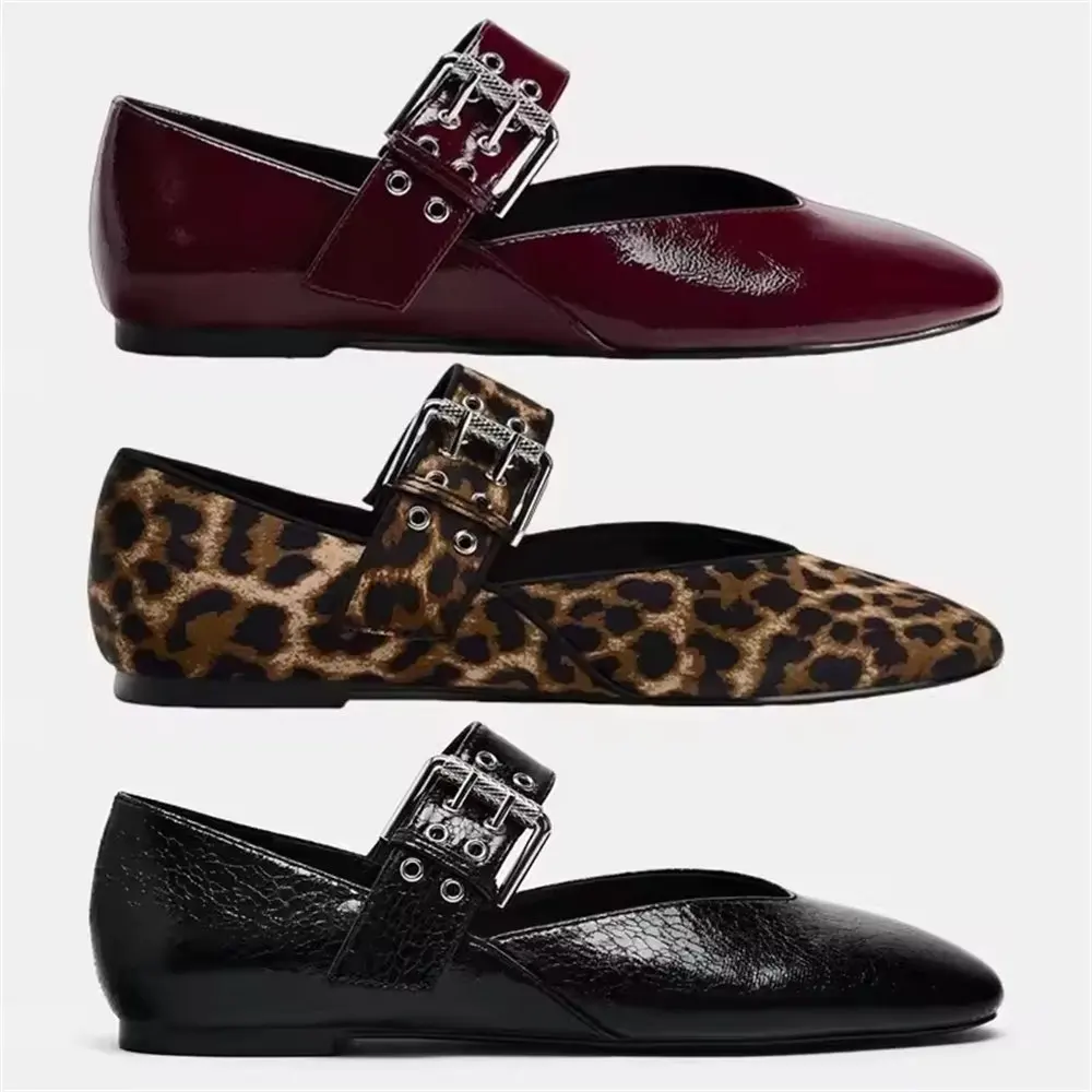 Zapatos planos de marca para mujer, versátiles, color Burdeos, talla 35-42, con hebilla y correa, suela cómoda, zapatos de Ballet Mary Jane de leopardo para mujer