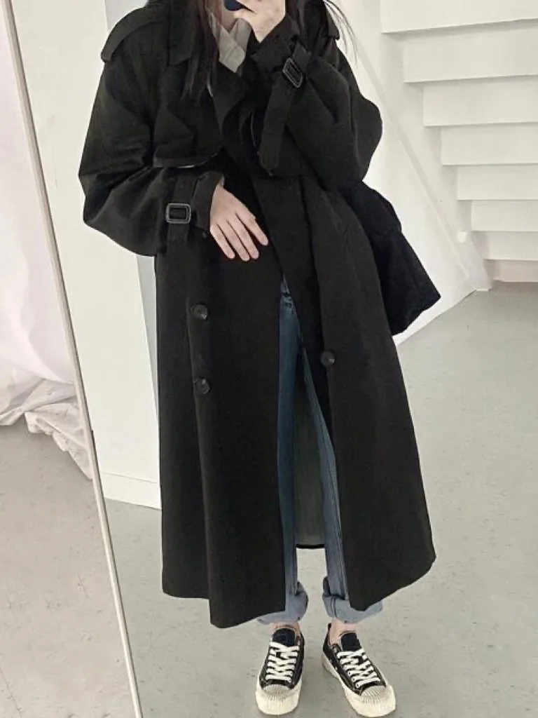 Ele Langer zweireihiger, lockerer Freizeitmantel, Herbst-Winter-Chic-Oberbekleidung für Damen, Pendeln, Pure E-Commerce S