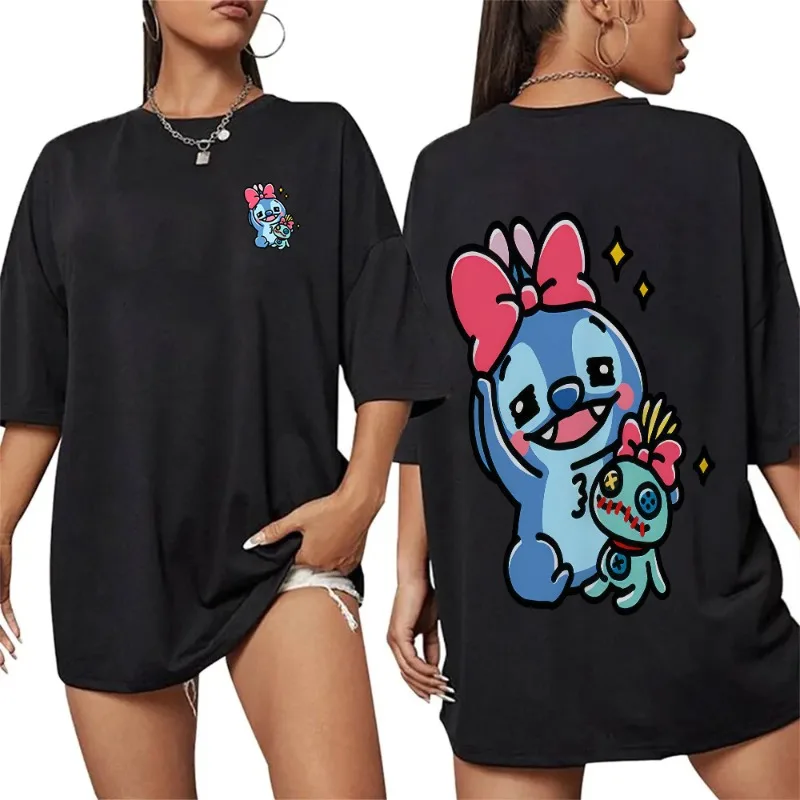 

2025-26, летняя футболка из 100% хлопка с мультяшным узором Disney Stitch, модная удобная дышащая повседневная женская одежда