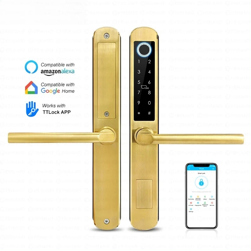 IP66 Gold Stainless steel Sliding Glass Smart Lock Ttlock App with Google home Aleax Fingerprint Electronic Digital Lock