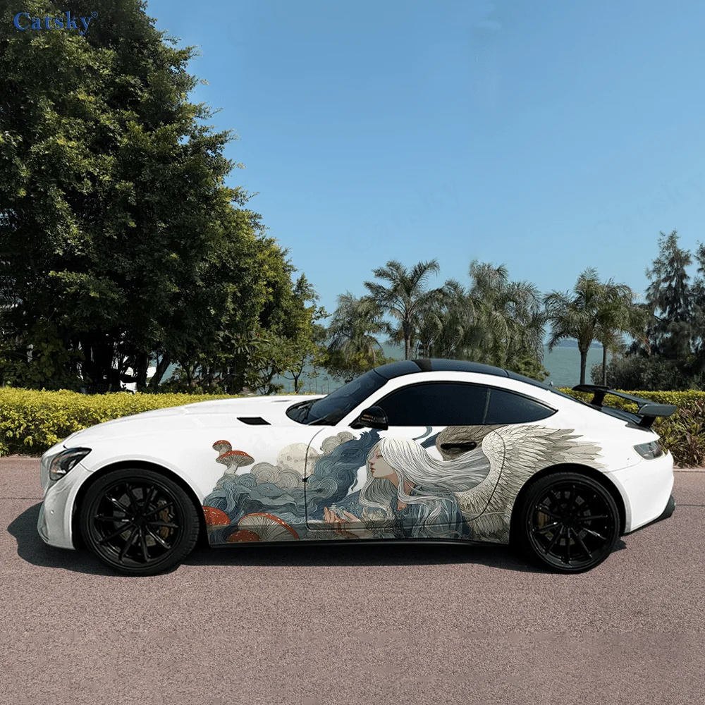

White Winged Angel Mushroom Car Vinyl Wraps Decal Self-adhesive PVC Sticker Suitable for Trucks SUV Decor Auto Accessories Gift