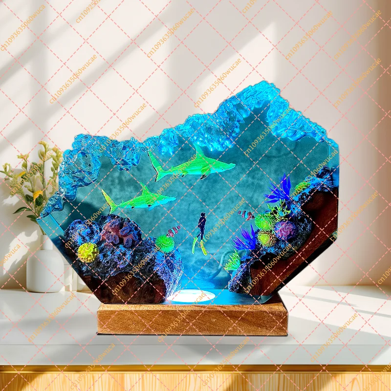 Resin lamp, marine resin night light, wooden color light, gift for mother
