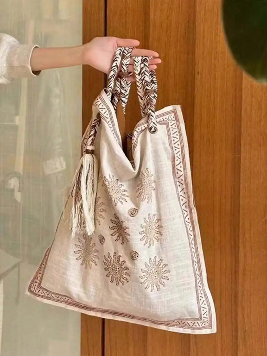 

1pc Linen Bohemian Style Shoulder Crossbody Bag, Women's Large Capacity Handbag, Lightweight, Suitable For Boho Outfits