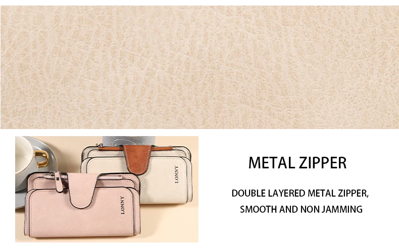Damen-Geldbörse, dreifach gefaltet, lang, aus Wildlederimitat (PU), mit Druckknopfverschluss und Reißverschluss, viele Kartenfächer, großes Fassungsvermögen, Damen-Clutch-Geldbörse. – Detail 2