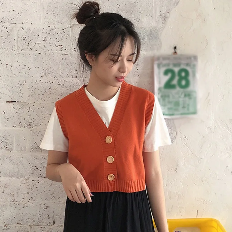 Autumn Women Button Down Knit Sweater Vest Sleeveless V Neck Casual Solid Knitted Crop Cardigan Vest Outerwear