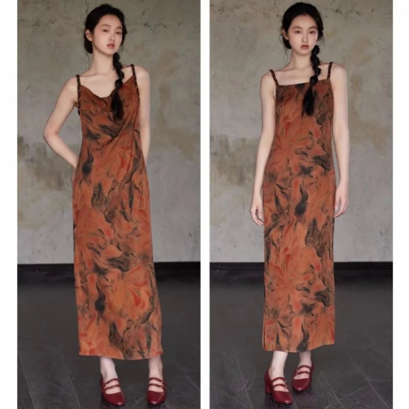 

Front and Back Two-Way 100% Silk Suspender Long Dress Luxury Women Midi Sling Skirt Ladies Sleeveless Side Split Maxi Dresses