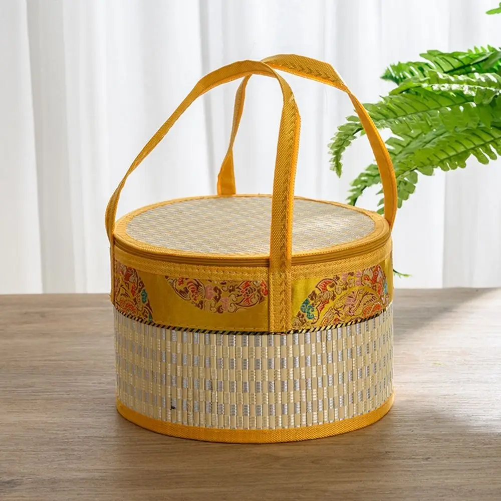 

Round Foldable Bamboo Basket Handheld Braided Vegetable Storage Basket Hand Woven with Handle Dessert Food Bag Party