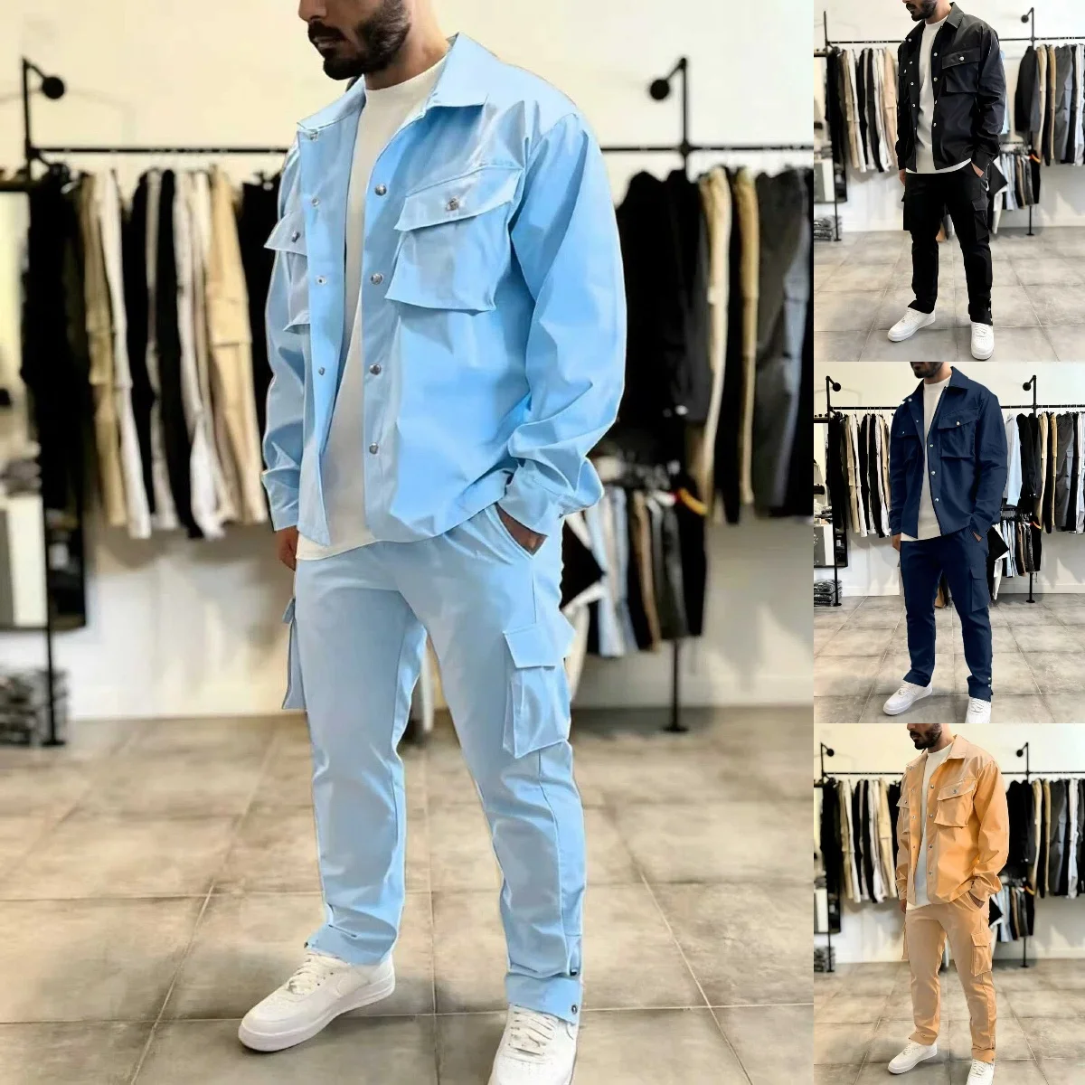 Spring Autumn Men's New Trendy Fashion Casual Comfortable Drawstring Workwear Long-Sleeved and Long Pants Set.