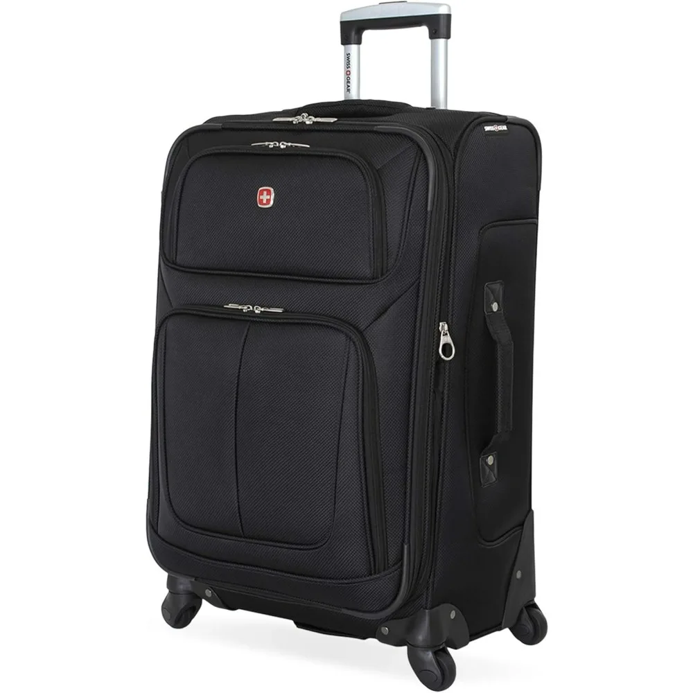 Expandable Luggage, Black, Checked-Medium 25-Inch,Multiple Front Panel Pockets,Softside Rolling Suitcase