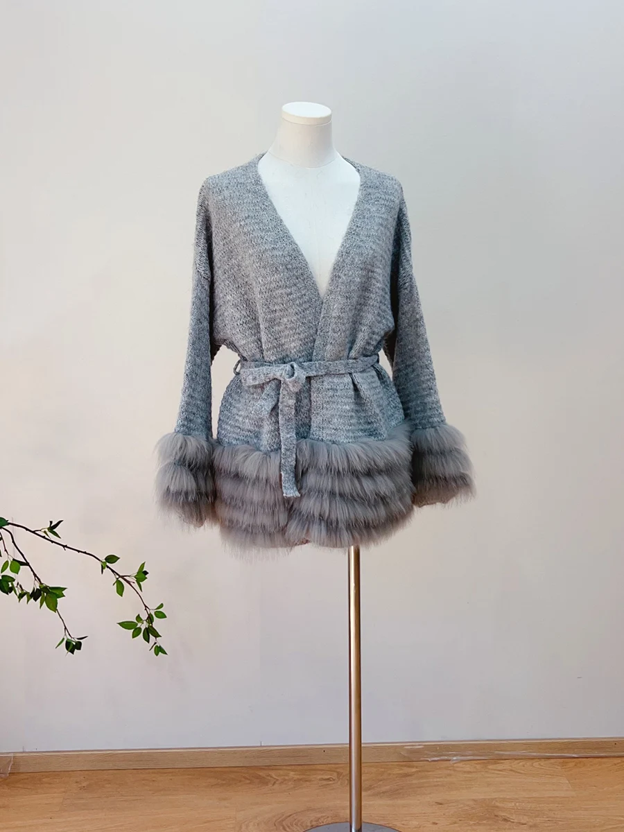 TWOTWINSTYLE Solido Allentato Impiombato Lace Up Eleganti Giubbotti per Le Donne Con Scollo A V Maniche Lunghe Patchwork Pelliccia Volant Giacca Femminile Nuovo