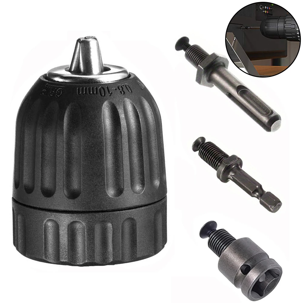 מקדחה ללא מפתח צ'אק 0.8-10mm 3/8-24UNF, מתאם גריפ מהיר בצורת הקסדה/SDS-Plus/ריבוע, צ'אק לביט דריל מברג תפיסה ושקע