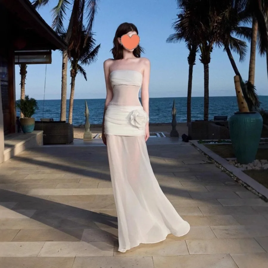 

【New style】Seaside vacation style perspective mesh fairy tube top dress for women design temperament super beautiful hot girl l