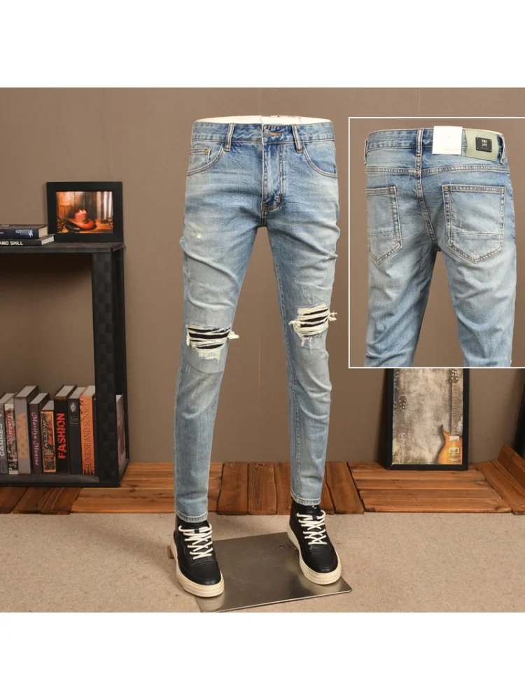 Vintage Printed Ripped Jeans Men's Street Handsome All-Match Stretch High Street Spray Paint Casual Skinny Tappered Pants