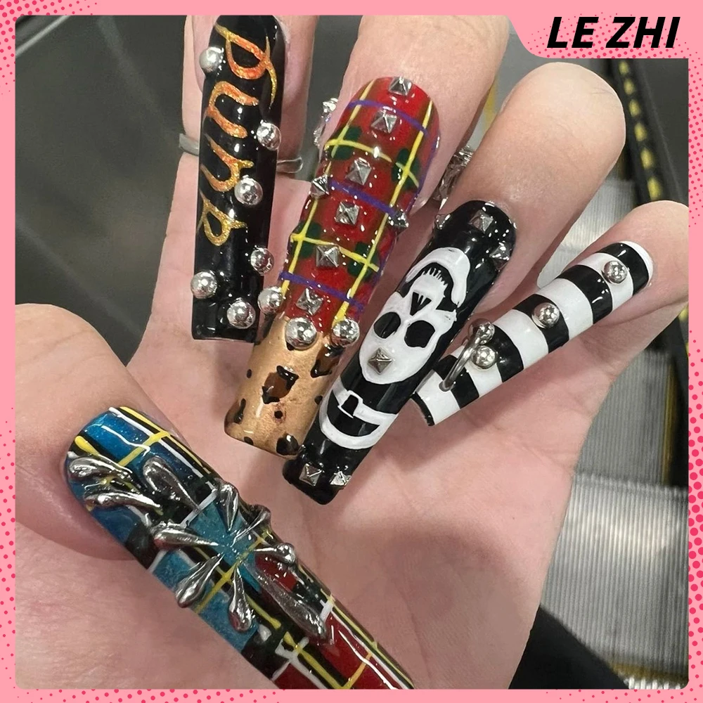 Europe America Spice Girl Handmade Long Square Stilettos Fake Nails Wings Rivets Bowknot Flower Four-Leaf Clover Press On Nails