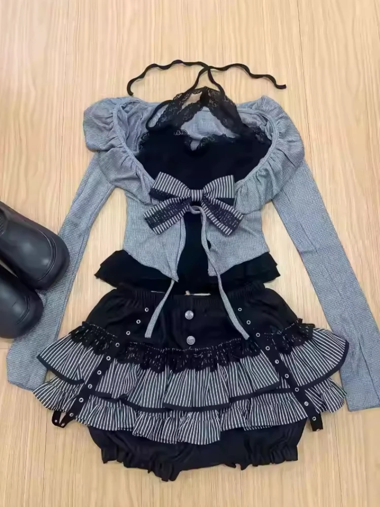 

Sweet Preppy Style Vintage Lace 3-piece Set Women Aesthetic Bow Sling + Long Sleeve Cardigan + Ruffle Skirt Japanese Cute Outfit