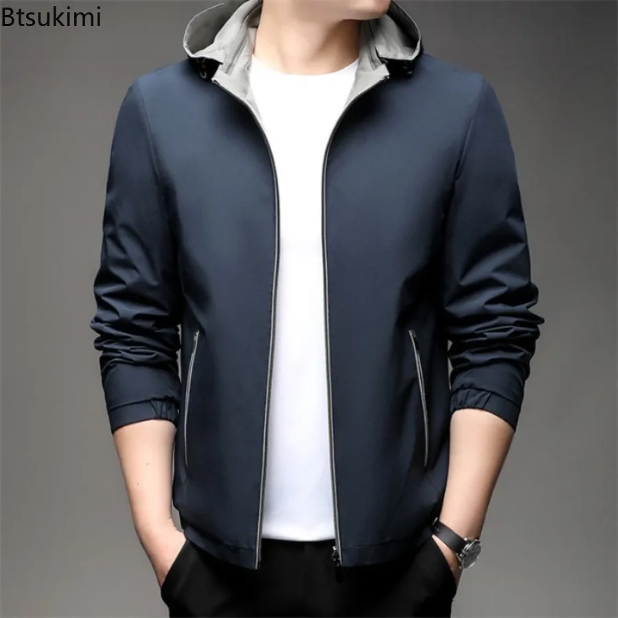 

New 2025 Men's Business Casual Jackets Fashion Solid Color Zipper Hooded Coats Double-side Wear Design Spring Autumn Men Jackets