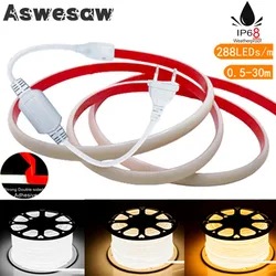 Impermeável COB LED Strip Light, Fita Adesiva, Plug UE, Flex, Tubo de Silicone, Lâmpada para Casa, Exterior, Iluminação do Jardim, 220V, 30m, IP68