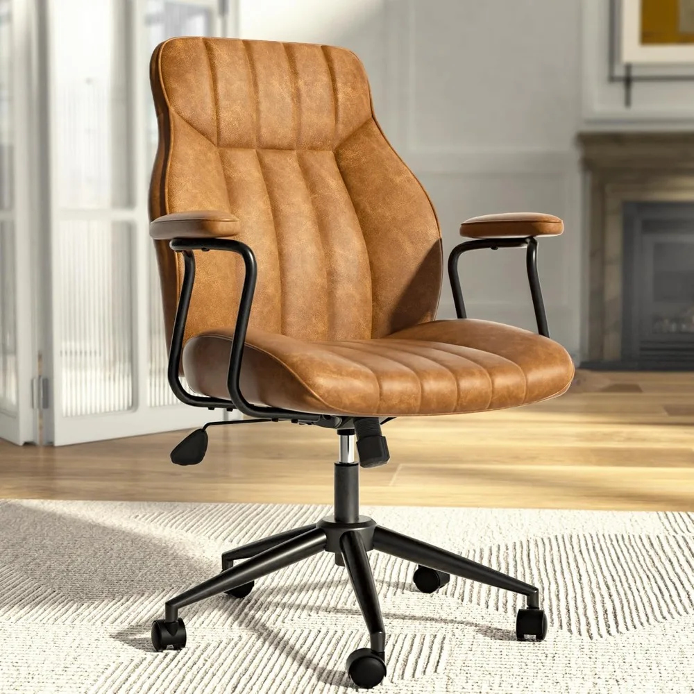 

Brown Leather Office Desk Chair with Wheels and Arms, Height Adjustable, Vintage, Mid Century Modern Style