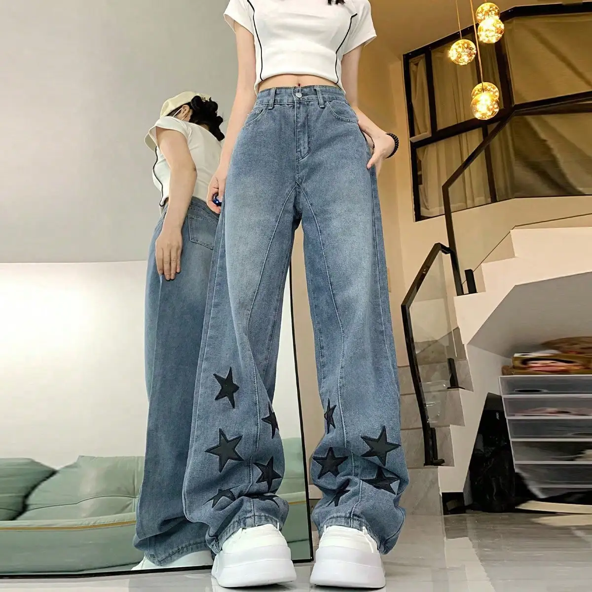 Korean Chic Autum High-Waisted Straight Women's Autum Ins New Niche Design Wide-Leg Pants