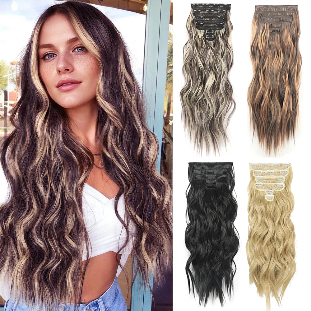 Jeedou 185g Thick Double Weft Hairpieces Clip in Hair Extensions 6PCS Water Wavy Long 24Inch Synthetic Hair for Women Daily Use