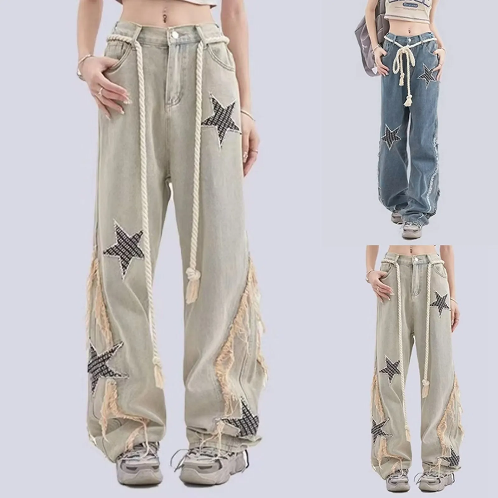 

Boyfriend Baggy Women's Jeans 2024 autumn New High Street Harajuku Embroidery Stars Design Wide Leg Straight Denim Pants Woman