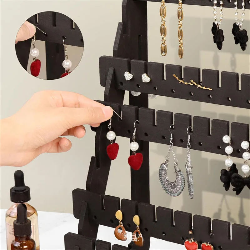 حامل أقراط خشبي متعدد الطبقات، منظم تخزين المجوهرات عالي السعة، رف عرض لغرفة المعيشة المنزلية وغرفة النوم