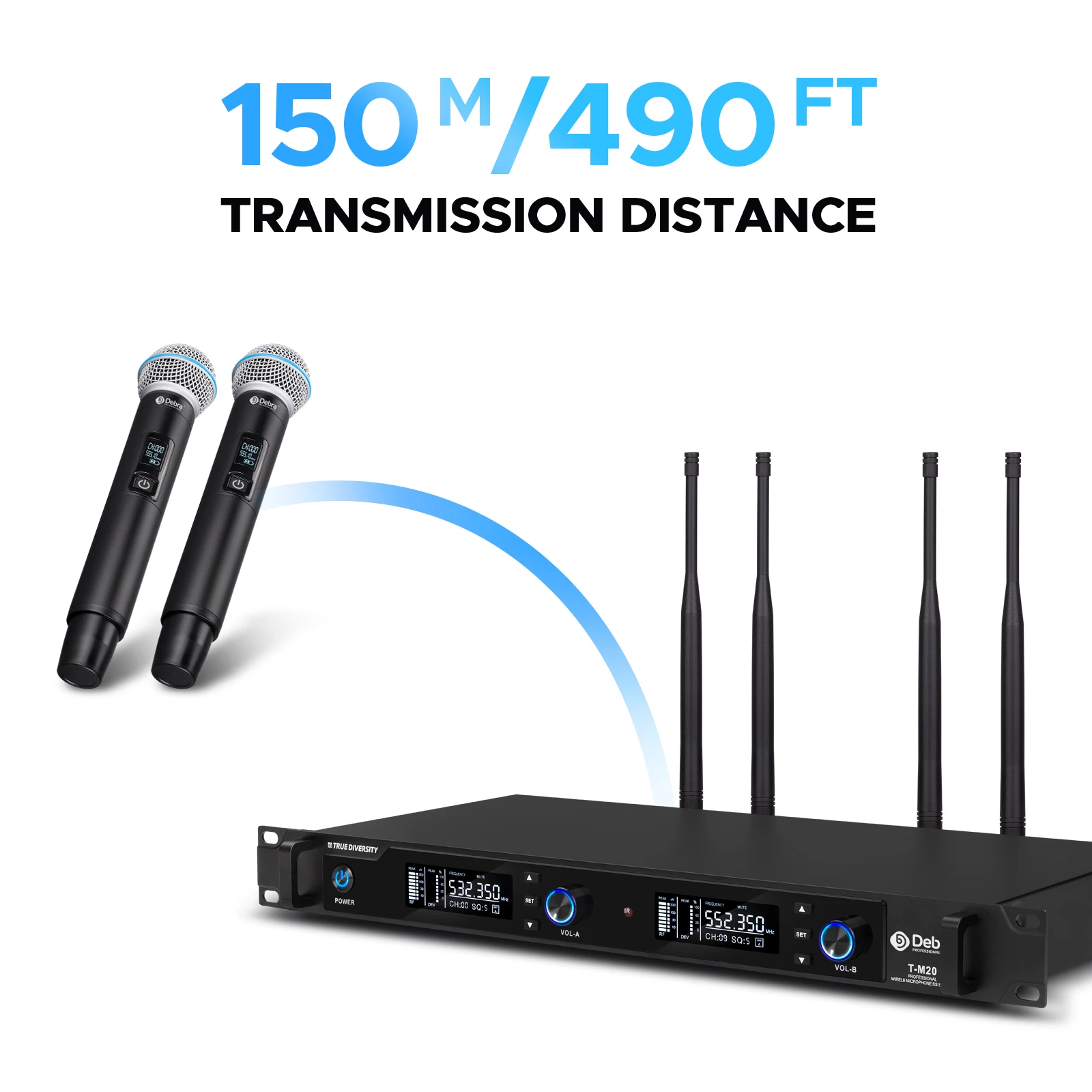 UHF สี่เสาอากาศ 2 ช่อง True Diversity ระบบไมโครโฟนไร้สาย 500-580 MHZ 150 m/490ft ช่วง 6.5 มม. เอาต์พุตผสม & XLR Out