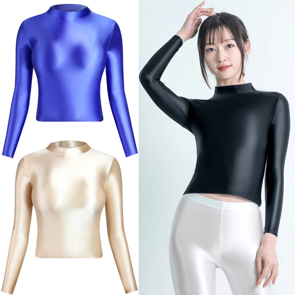 

MJINM Summer Women Sexy Short Tights Long Sleeve Shiny Glossy Base Shirts Swimsuit Swimwear High Neck Tees Casual T-shirts Tops