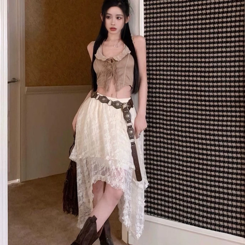 패션 하라주쿠 여름 빈티지 비대칭 불규칙 레이스 트림 홀터 드레스 레이어드 스커트 여성 패션 앙상블 고스 스커트