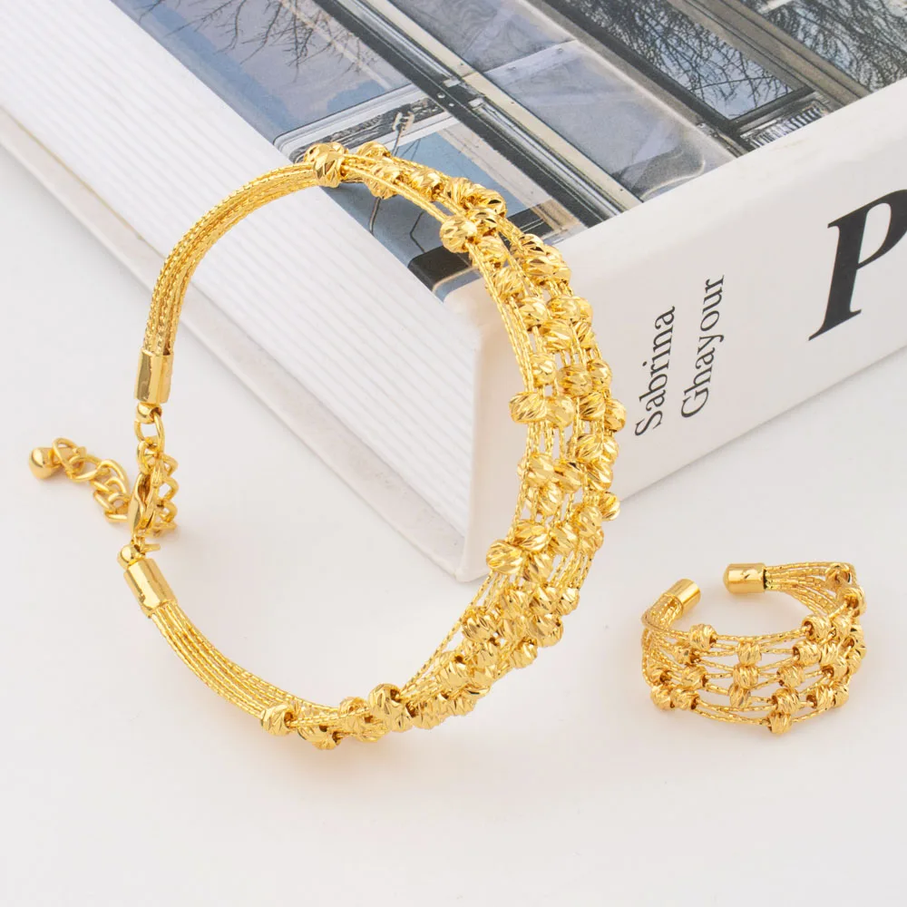 

Luxury Gold Color Bracelet Ring Set 21k Gold Plated Copper Fashion for Party Weddings Engagement Copper Bracelet and Cuff Ring