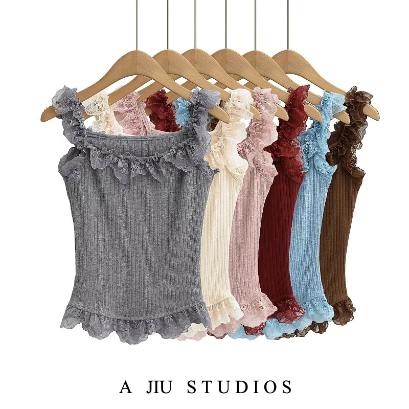 

Ruche d Lace Knit Tank Top Inner And Outer Wear Fem Sexy Hot Girl Young Looking ort Sle Bandeau Sexy Vest