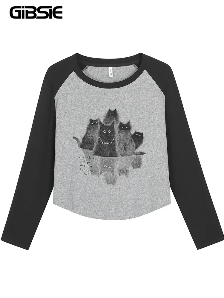 

GIBSIE Plus Size Women's American Retro Print Short Tee Tops 2024 Autumn New Y2k Long Sleeve O-Neck Harajuku Casual T-Shirts