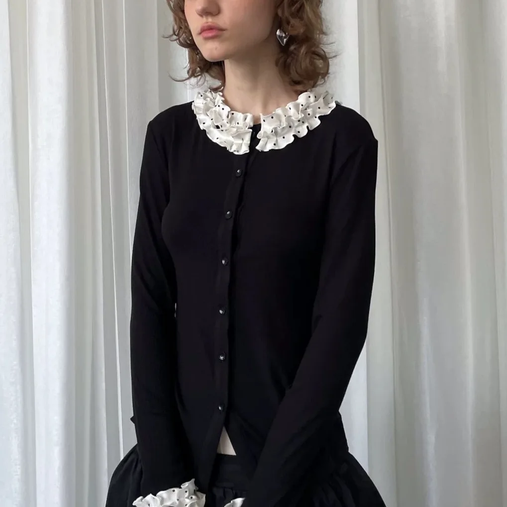 

Black Long Sleeved Knitted Cardigan with Polka Dot Lace Sleeves, Women's Versatile Slim Fit Base Shirt
