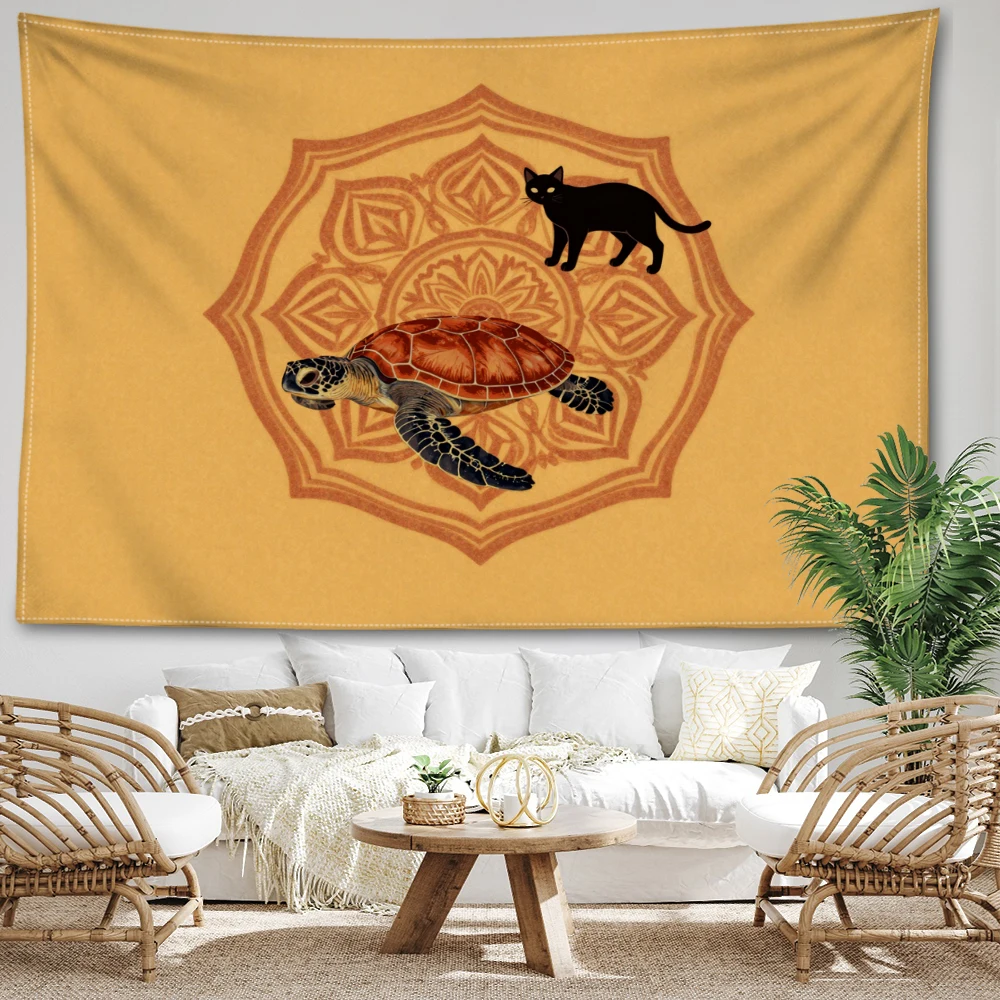 Yellow Mandala Sea Turtle Black Cat Wall Tapestry, Boho Decor